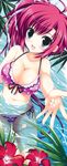  :d absurdres ahoge ariko_youichi bikini blue_eyes blush breasts cleavage flower front-tie_top hair_ornament hair_ribbon hairclip hibiscus highres large_breasts long_image midriff nakahara_akane navel open_mouth outstretched_hand pink_hair polka_dot polka_dot_bikini polka_dot_swimsuit ribbon side-tie_bikini side_ponytail smile solo stick_poster swimsuit tall_image trouble@spiral! water 