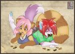  canine ceph chocolate clothed clothing couple duo eyes_closed female fluff-kevlar fox hair lying mammal on_front open_mouth pink_hair raccoon red_eyes red_hair yuuri_(character) 