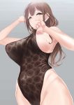  1girl absurdres bangs bare_shoulders blush breasts brown_eyes brown_hair brown_swimsuit closed_mouth covered_navel covered_nipples grey_background hair_between_eyes highleg highleg_swimsuit highres hips idolmaster idolmaster_shiny_colors kuwayama_chiyuki large_breasts light_smile long_hair looking_at_viewer one-piece_swimsuit puffy_nipples q_(ed69) simple_background smile solo swimsuit swimsuit_pull 