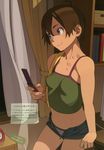  absurdres blue_eyes brown_hair camisole cellphone dark_skin go_robots highres midriff navel open_fly original panties phone short_hair short_shorts shorts smile solo standing towel translated underwear unzipped 