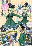  5girls :&gt; anger_vein black_hair blonde_hair blood blue_eyes blue_hair brown_eyes closed_eyes crossed_arms dress dress_lift ghost_tail green_dress green_eyes green_hair hair_ornament hair_rings hair_stick hand_on_hip hat heart highres japanese_clothes kaku_seiga kariginu kingin long_sleeves miyako_yoshika mononobe_no_futo multiple_girls multiple_tails open_mouth outstretched_arm peeking punching purple_eyes ritual_baton shaded_face sharp_teeth shawl short_hair sketch soga_no_tojiko tail tate_eboshi teeth touhou toyosatomimi_no_miko translation_request v_arms wide_sleeves 