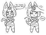  ! animal_crossing ankha_(animal_crossing) anthro big_breasts blue_hair breasts clothed clothing digital_media_(artwork) domestic_cat egyptian felid feline felis female hair hands_on_hips happy mammal nintendo open_mouth petting purring rakkuguy simple_background solo speech_bubble uraeus video_games wide_hips 