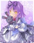  blush bow doll dress eiyuu_densetsu frills hair_bow purple purple_background purple_hair renne saru short_hair smile solo sora_no_kiseki white_dress yellow_eyes 