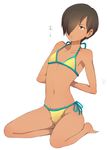  androgynous bikini black_hair brown_eyes bulge crossdressing dark_skin dark_skinned_male ikezawa_kazuma male_focus otoko_no_ko side-tie_bikini solo summer_wars swimsuit tan tsukuru_(seki_sabato) 