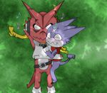  blush couple cuddle cuddling digimon eyes_closed facial_markings green_background gumdramon headphones lying male markings musical_note on_back on_side plain_background purple purple_body red red_body scarf shoutmon sleeping tail teeth tooth wildchildgumdramon 