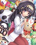  alluka_zoldyck bird black_hair blush dice duck frog hair_ornament heart highres hunter_x_hunter japanese_clothes kappa lion maazyu male_focus miko multi-tied_hair otoko_no_ko panda raccoon smile solo stuffed_animal stuffed_toy 