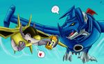  &hearts; angry blue blue_background blush claws digimon eyes_closed flying gloves happy horn kiminuria mailbirdramon male plain_background sparrowmon wings yellow_eyes 