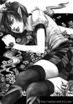  flower greyscale hair_ornament hane_(azelye) hata-tan himekaidou_hatate lying monochrome necktie on_side pointy_ears skirt solo thighhighs touhou traditional_media watermark zettai_ryouiki 