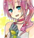  bad_id bad_pixiv_id bare_shoulders blue_eyes blush close-up earrings final_fantasy final_fantasy_xiii final_fantasy_xiii-2 gloves jewelry necklace open_mouth pink_hair serah_farron side_ponytail smile solo uver32 