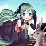  :d absurdres animal black_gloves blue_eyes blush deer dress elbow_gloves gloves green_hair hatsune_miku headphones highres kneeling long_hair necktie open_mouth record shiro_(octet) smile solo twintails very_long_hair vocaloid 