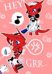  blue_eyes blush claws crossdressing digimon embarrassed flower gloves grope maid maid_outfit maid_uniform male musical_note nana_dono opencanvas pink_background plain_background red red_body ribbons shoutmon tail uniform 