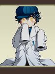  blue_hair blush closed_labcoat dark_persona hat labcoat necktie oversized_clothes pen persona persona_4 scanlines shirogane_naoto short_hair sleeves_past_fingers sleeves_past_wrists solo tokiwa_(mukoku) yellow_eyes younger 