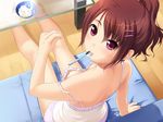  arm_support bangs bare_legs bare_shoulders barefoot bowl breasts brown_hair chemise downblouse frills game_cg hair_ornament hairclip highres looking_at_viewer looking_back mebae_(game) nipple_slip nipples no_bra nonohara_miki red_eyes sakura_anna short_ponytail small_breasts solo spoon strap_slip 