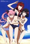  3girls absurdres beach bikini black_hair blue_eyes brown_hair cleavage cloud faris_nyannyan green_eyes hairband hat long_hair makise_kurisu mizugi multiple_girls ocean official_art open_mouth oppai pettanko pink_eyes pink_hair ponytail scan shiina_mayuri steins;gate twin_tails very_long_hair water 