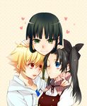  2girls ;&lt; black_hair blonde_hair blue_eyes child child_gilgamesh fang fate/hollow_ataraxia fate/stay_night fate/zero fate_(series) gilgamesh green_eyes haine_(howling) hair_ribbon hand_on_another's_head heart long_hair multiple_girls red_eyes ribbon short_hair smile toosaka_aoi toosaka_rin twintails younger 