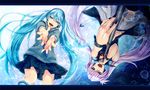  aqua_eyes aqua_hair blue_eyes fingernails hagane_miku hatsune_miku letterboxed long_hair microphone microphone_stand momopanda multiple_girls music open_mouth silver_hair singing skirt twintails upside-down very_long_hair vocaloid 