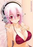  artist_request bikini blush breasts character_name cleavage collarbone headphones large_breasts lying nitroplus pink_hair red_bikini red_eyes short_hair smile solo source_request super_sonico swimsuit 