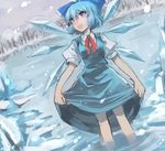  74_(teduka) absurdres blue_eyes blue_hair cirno cloud cloudy_sky forest hair_ribbon highres ice nature ribbon sky snowing solo touhou wading water wings 