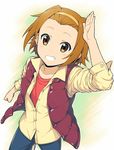  alternate_costume brown_eyes brown_hair casual grin hairband k-on! komase_(jkp423) salute short_hair smile solo tainaka_ritsu vest yellow_hairband 