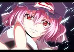  anime_coloring bad_id bad_pixiv_id bisuke_(k_step2009) blurry close-up depth_of_field face foreshortening hat highres letterboxed looking_at_viewer outstretched_hand red_eyes saigyouji_yuyuko short_hair smile solo touhou triangular_headpiece 