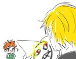  2boys age_difference blonde_hair blush drawing emiya_shirou fate/stay_night fate/zero fate_(series) gilgamesh multiple_boys plaster red_hair spiked_hair spiky_hair 
