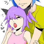  1boy 1girl 2d 2d_(gorillaz) animal_ears blue_hair cat_ears flat_chest food gorillaz lowres noodle noodle_(gorillaz) noodles oekaki purple_hair simple_background small_breasts white_background 