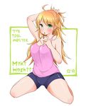  adjusting_hair ahoge bare_shoulders blonde_hair blush green_eyes hair_tie highres hoshii_miki idolmaster idolmaster_(classic) kneeling long_hair mouth_hold pantarou shorts solo tank_top 