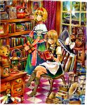  alice_margatroid apron bellows_camera blonde_hair blue_dress book bookshelf boots box braid building buttons camera can capelet chain chair checkered checkered_floor clock cross-laced_footwear crossed_legs cupboard curtains daruma_doll desk doll dress frills globe hair_ribbon hairband hat hat_removed hat_ribbon headwear_removed high_heels highres holding kerosene_lamp kirisame_marisa lace lantern looking_back multiple_girls nobita open_mouth paper_lantern phonograph pot projector puffy_sleeves reading ribbon room sash sewing_machine shanghai_doll shoes short_hair side_braid single_braid sitting smile standing stuffed_animal stuffed_toy teddy_bear thread touhou traditional_media tree vase waist_apron window witch_hat wristband yellow_eyes 