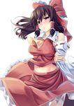  arm_grab arms_behind_back ascot bow breasts brown_eyes brown_hair detached_sleeves frilled_skirt frills frown hair_bow hair_tubes hakurei_reimu highres kinntarou large_breasts midriff navel shirt simple_background skirt solo touhou white_background 