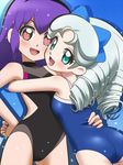  2girls awa battle_spirits battle_spirits:_shounen_toppa_bashin blush grey_hair hair_ribbon multiple_girls one-piece_swimsuit purple_hair ribbon sawaragi_kyouka suiren swimsuit 