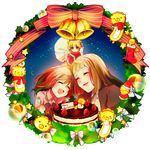  2girls az_(shotatteiiyone) bad_id bad_pixiv_id bell bow brown_hair cake christmas closed_eyes crown dress food fork fruit hime_cut lion long_hair mother_and_daughter multiple_girls orange_hair ribbon sakutarou star strawberry umineko_no_naku_koro_ni ushiromiya_maria ushiromiya_rosa wreath 