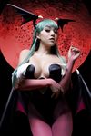  1girl bangs bat_(animal) breasts capcom cleavage cosplay darkstalers demon_girl female green_hair moon morrigan_aensland morrigan_aesland pantyhose red_moon solo succubus vampire_(game) vampy wings 