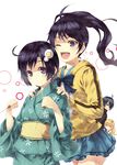  3girls :d ;d ahoge anger_vein araragi_karen araragi_koyomi araragi_tsukihi bakemonogatari black_eyes black_hair blonde_hair blush_stickers bow dual_wielding holding japanese_clothes kimono kouji_(campus_life) long_hair looking_at_viewer monogatari_(series) multiple_girls obi one_eye_closed open_mouth oshino_shinobu ponytail sash school short_hair siblings simple_background sisters skirt smile uniform 