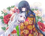  black_hair blue_eyes bow floral_print flower fujiwara_no_mokou hair_bow hand_in_hair highres houraisan_kaguya hug japanese_clothes kikumon kimono long_hair multiple_girls ogakuru open_mouth peony_(flower) red_eyes ribbon silver_hair smile touhou 