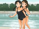  2girls awatake_takahiro bare_shoulders black_hair blush braid breasts brown_hair cleavage female long_hair multiple_girls one-piece_swimsuit open_mouth school_swimsuit smile swimsuit twin_braids twintails undressing 