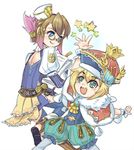  1boy 1girl blonde_hair blue_eyes brown_hair child chime clavat final_fantasy final_fantasy_crystal_chronicles final_fantasy_crystal_chronicles:_my_life_as_a_king glasses hat king_leo lowres selkie simple_background smile 