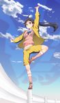  ahoge araragi_karen asymmetrical_hair bakemonogatari black_hair cloud day guard_rail highres jacket long_hair midriff monogatari_(series) morimiya_masayuki navel nisemonogatari on_top_of_pole panties pose purple_eyes school_uniform shorts side_ponytail sky solo standing standing_on_one_leg underwear 