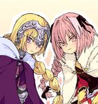  1girl armor astolfo_(fate) bad_id bad_pixiv_id blonde_hair fate/apocrypha fate/stay_night fate_(series) headpiece jeanne_d'arc_(fate) jeanne_d'arc_(fate)_(all) long_hair otoko_no_ko pink_eyes pink_hair purple_eyes smile 