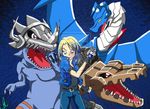  aonuma_kiriha belt blonde_hair blue blue_background blue_eyes blue_theme brown brown_eyes clothed clothing cool_colors deckerdramon digimon dinosaur greymon_(xros_wars) group hair helmet horn mailbirdramon male open_mouth plain_background ranimationage scalie teeth vest watermark yellow_eyes 