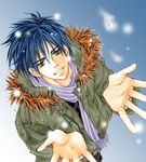  blue_hair feathers from_above fur_trim green_eyes jacket kaito looking_at_viewer male_focus purple_scarf scarf smile snowing solo striped striped_scarf traditional_media vocaloid yuki_hazumi 