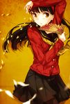  aguri_(aguri0406-aoi) amagi_yukiko black_hair blurry depth_of_field fan folding_fan hairband kneeling long_hair persona persona_4 petals pleated_skirt school_uniform skirt solo sweater yellow_eyes 