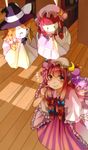  :&lt; ^_^ bandages blush_stickers bookshelf character_doll closed_eyes crescent daizu323 dress finger_to_face from_above hat highres kirisame_marisa long_hair looking_up patchouli_knowledge purple_eyes purple_hair smile solo striped striped_dress sunlight teruterubouzu touhou 