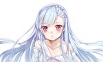  anz_(starry) bare_shoulders benya_(tales_weaver) blue_hair blush children_of_the_rune collarbone dress flat_chest hair_ornament hairclip long_hair red_eyes simple_background solo tales_weaver upper_body white_background 