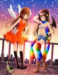  bad_deviantart_id bad_id bird_wings black_wings boots brown_eyes brown_footwear brown_hair cat dress hair_ornament heterochromia hitsukuya long_hair looking_at_viewer midriff multicolored multicolored_clothes multicolored_legwear multicolored_scarf multiple_girls navel orange_dress original rainbow_order scarf siamese_cat sky star star_hair_ornament striped striped_scarf thighhighs white_wings wings 