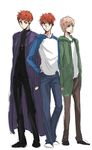  3boys cross emiya_shirou fate/extra fate/stay_night fate_(series) hand_in_pocket kotomine_shirou kotomine_shirou_(fanfic) long_coat male male_focus matou_shirou_(fanfic) multiple_boys multiple_persona red_hair white_hair 