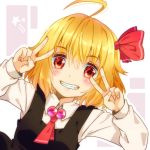  1girl ahoge arms_up black_vest blonde_hair blush commentary_request double_v eyebrows_visible_through_hair fangs grin hair_between_eyes hair_ribbon leaning_over long_sleeves looking_at_viewer red_eyes red_neckwear ribbon rumia sakuyabm shirt short_hair simple_background smile solo star teeth touhou two-tone_background upper_body v v_over_eye vest white_shirt wing_collar 