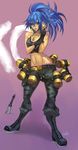  absurdres aqua_eyes bare_shoulders belt black_gloves blue_hair boots crop_top dog_tags earrings gloves hector_enrique_sevilla_lujan highres jewelry knife leona_heidern navel navel_piercing pants piercing ponytail solo tan tanline the_king_of_fighters 