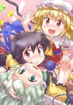  black_hair blonde_hair blush flandre_scarlet hand_in_hair hat holding_hands houjuu_nue interlocked_fingers komeiji_koishi kurotama_(avino) lying multiple_girls open_mouth stage_connection tears touhou 