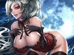  areola_slip areolae bent_over black_gloves breasts elbow_gloves fang gloves large_breasts licking_lips lips long_hair original red_eyes sadakage silver_hair solo thighhighs tongue tongue_out vampire 