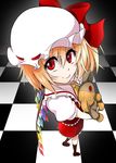  bad_id bad_pixiv_id blonde_hair c: checkered checkered_floor flandre_scarlet hat looking_at_viewer mary_janes mattari_yufi perspective red_eyes shoes skirt smile solo stitches stuffed_animal stuffed_toy touhou wings 